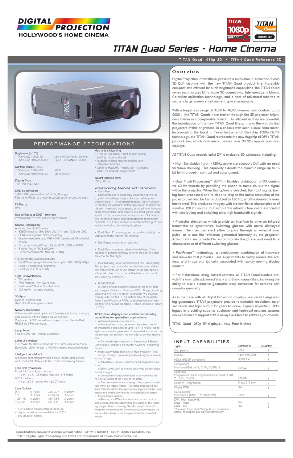 DIGITAL PROJECTION TITAN QUAD 1080P3D SPECIFICATIONS Pdf Download