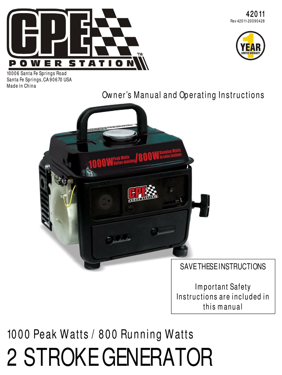 CPE 2 STROKE GENERATOR OWNER'S MANUAL AND OPERATING INSTRUCTIONS Pdf