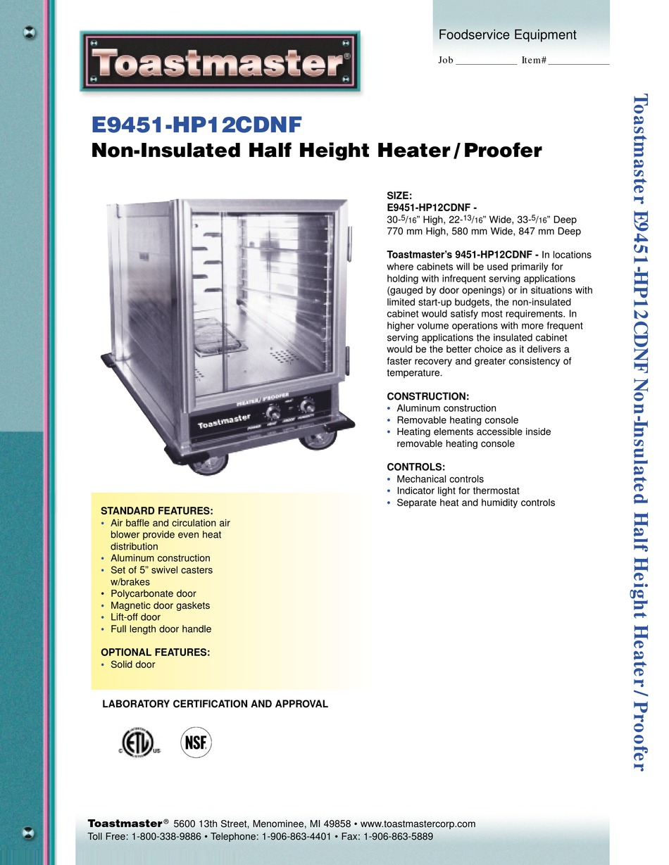TOASTMASTER E9451HP12CDNF SPECIFICATIONS Pdf Download ManualsLib