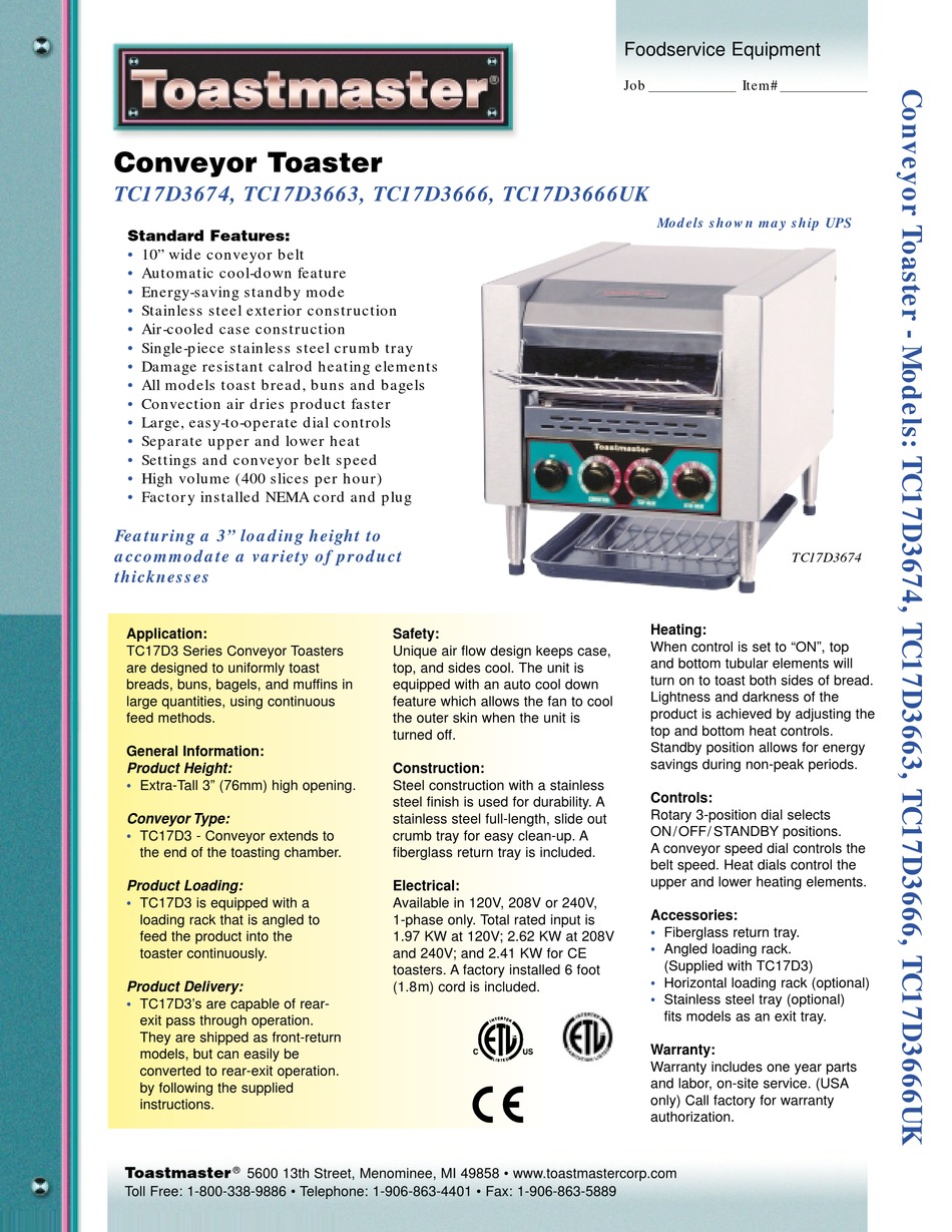 TOASTMASTER TC17D3674 SPECIFICATIONS Pdf Download ManualsLib