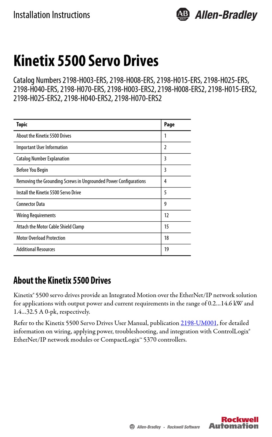 ALLEN-BRADLEY KINETIX 5500 INSTALLATION INSTRUCTIONS MANUAL Pdf