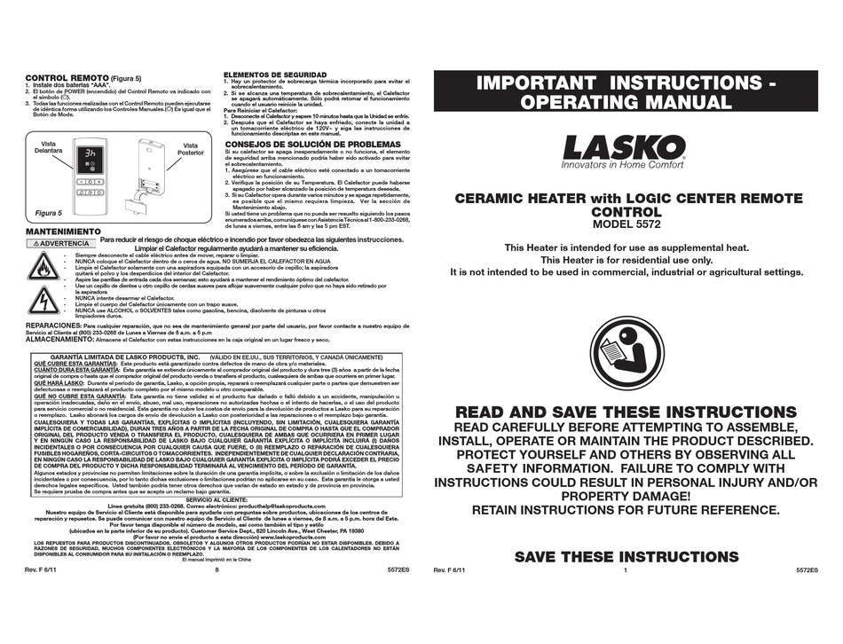 LASKO 5572 IMPORTANT INSTRUCTIONS & OPERATING MANUAL Pdf Download
