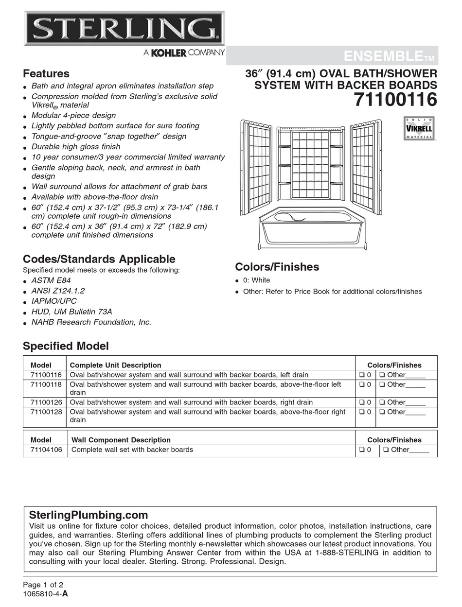 Sterling Plumbing Ensemble 71100116 Specifications Pdf Download 