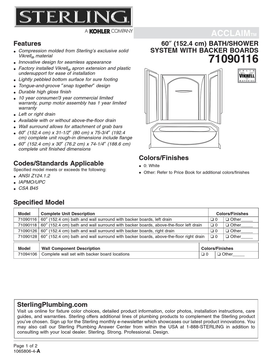 STERLING PLUMBING ACCLAIM 71090116 SPECIFICATIONS Pdf Download ManualsLib