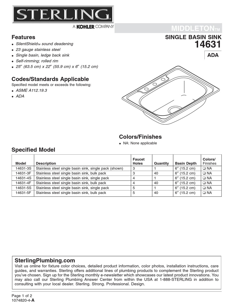 STERLING PLUMBING MIDDLETON 14631 SPECIFICATIONS Pdf Download ManualsLib