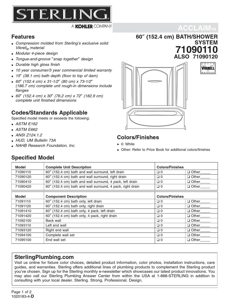 STERLING PLUMBING ACCLAIM 71090120 SPECIFICATIONS Pdf Download ManualsLib