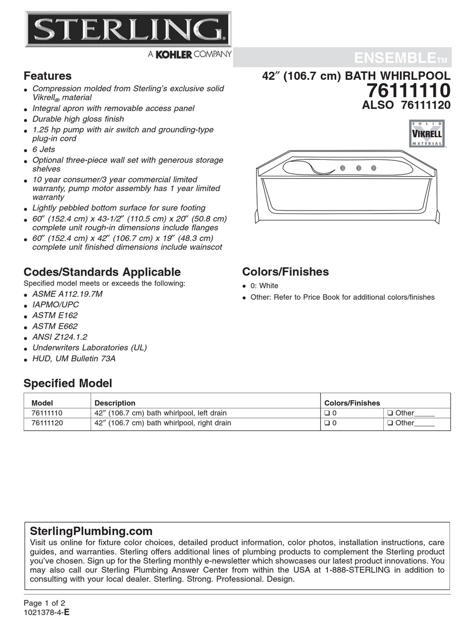 STERLING PLUMBING ENSEMBLE 76111120 SPECIFICATIONS Pdf Download 