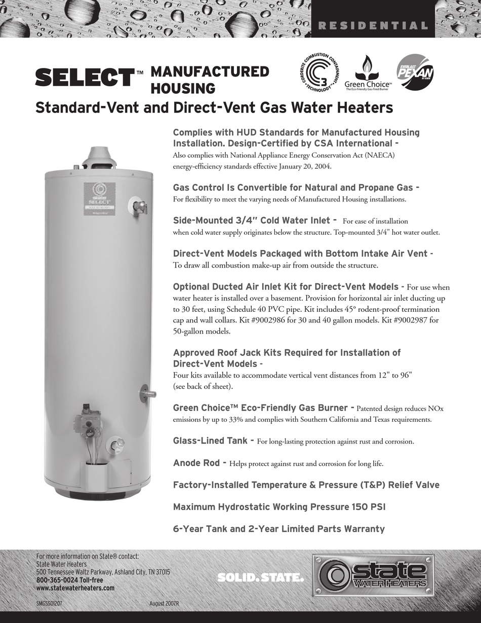 STATE WATER HEATERS SELECT SMGSS01207 SPECIFICATIONS Pdf Download |  ManualsLib
