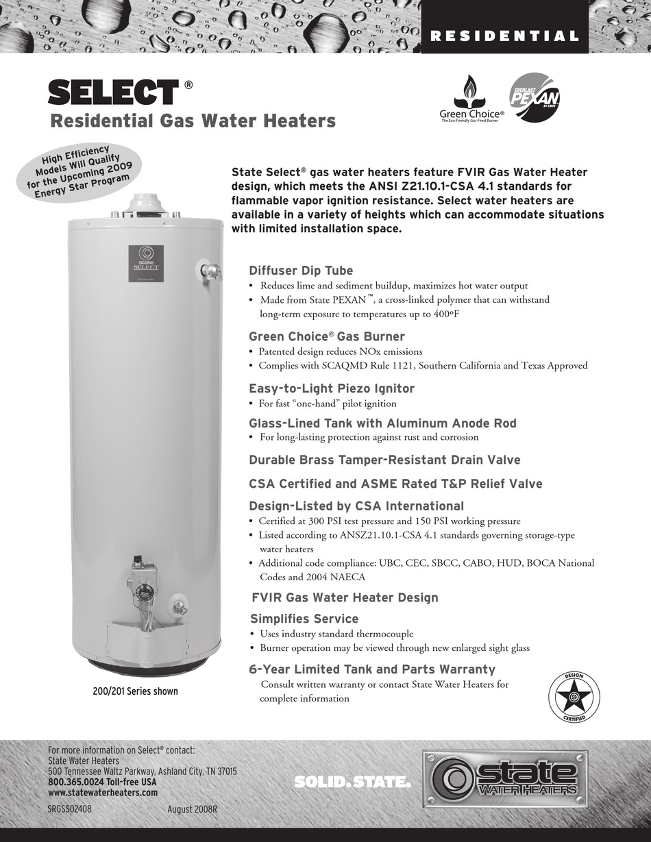 STATE WATER HEATERS GS6 40 YBRT SPECIFICATIONS Pdf Download ManualsLib