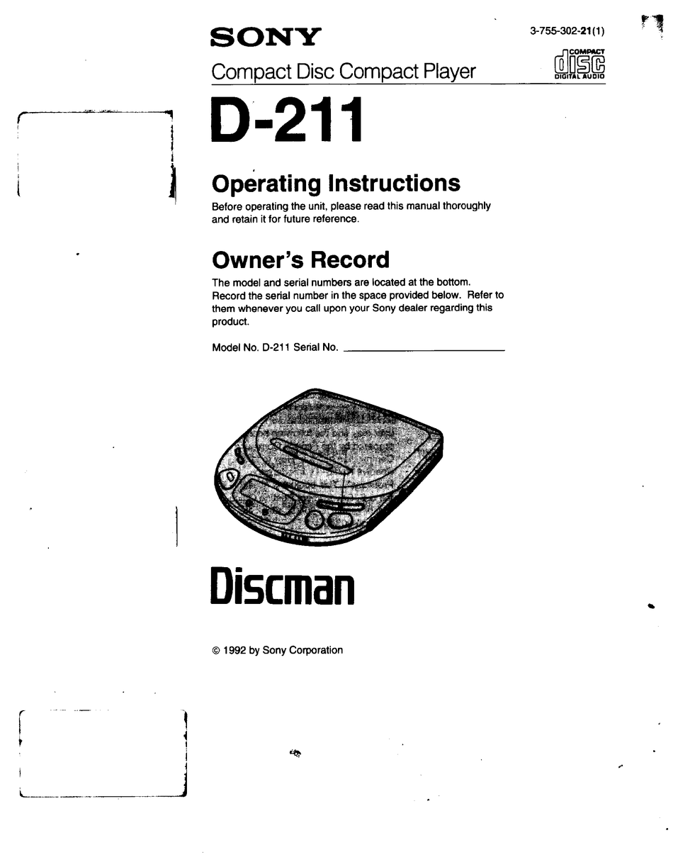 SONY DISCMAN D-211 OPERATING INSTRUCTION Pdf Download | ManualsLib