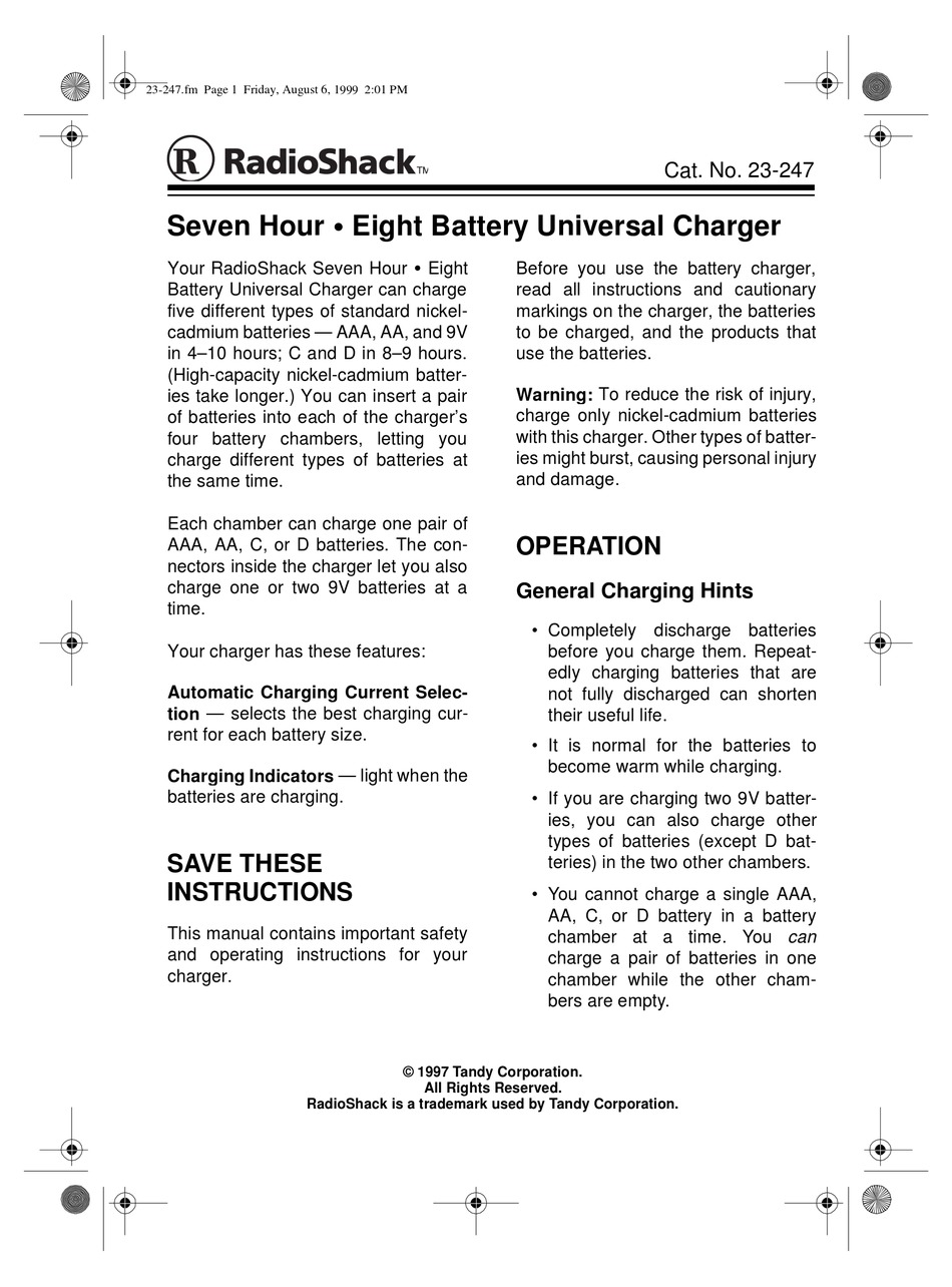 light codes for radio shack battery charger 2302027