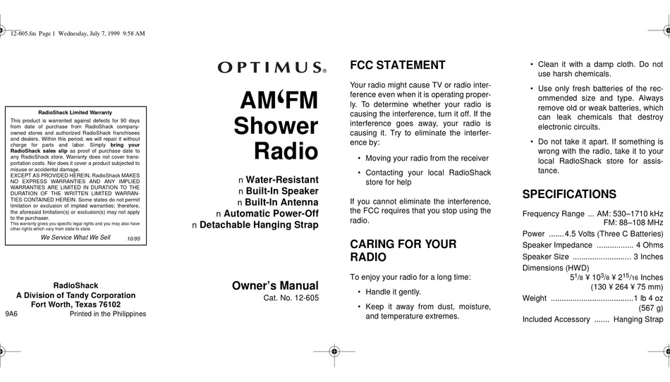 Optimus Amfm Shower Radio Owners Manual Pdf Download Manualslib