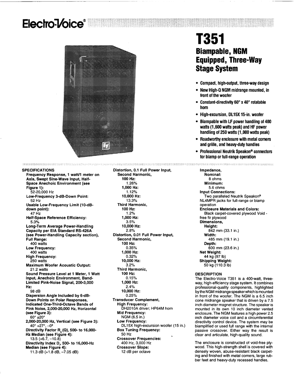 ELECTROVOICE T351 BROCHURE & SPECS Pdf Download ManualsLib