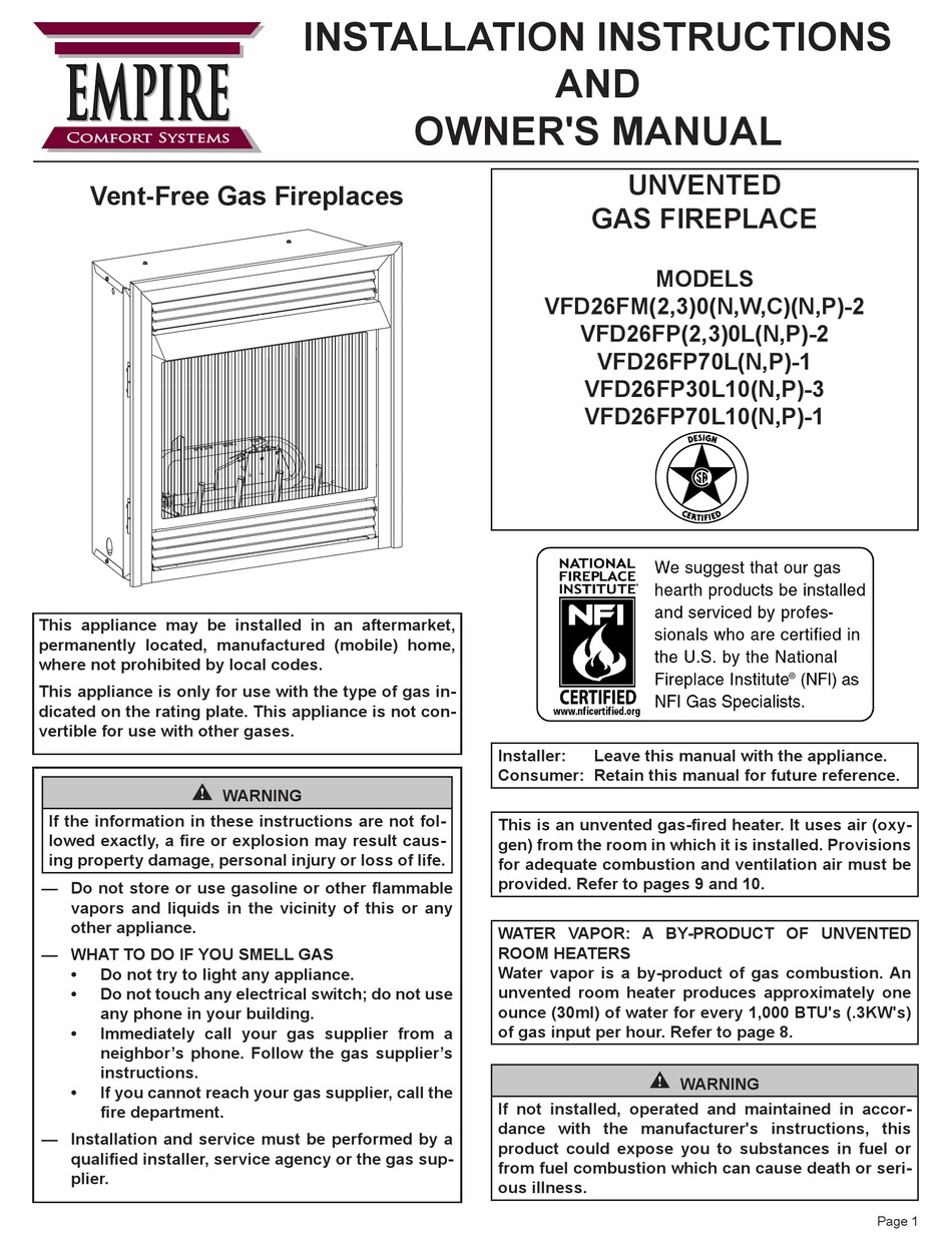 Empire Comfort Systems Vfd26fm 2 3 0 N W C N P 2vfd26fmnn 2 Installation Instructions And Owner S Manual Pdf Download Manualslib
