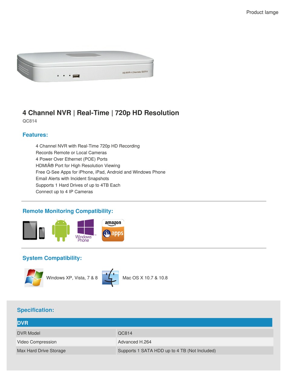 Q-SEE QC814 SPECIFICATIONS Pdf Download | ManualsLib