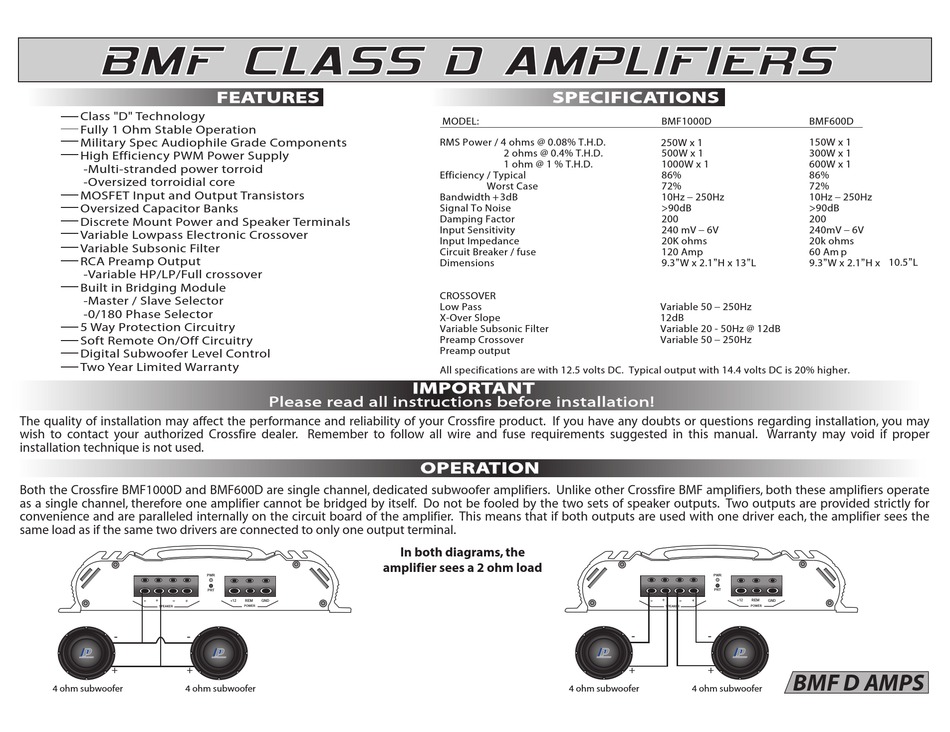 CROSSFIRE BMF600D INSTALLATION AND 
