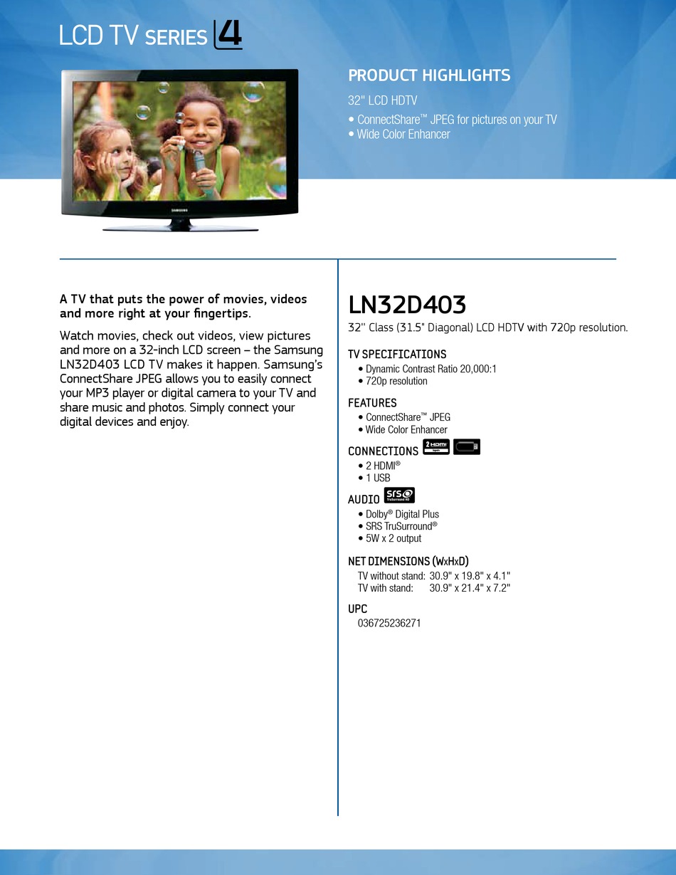 SAMSUNG LN32D403 PRODUCT HIGHLIGHTS Pdf Download | ManualsLib