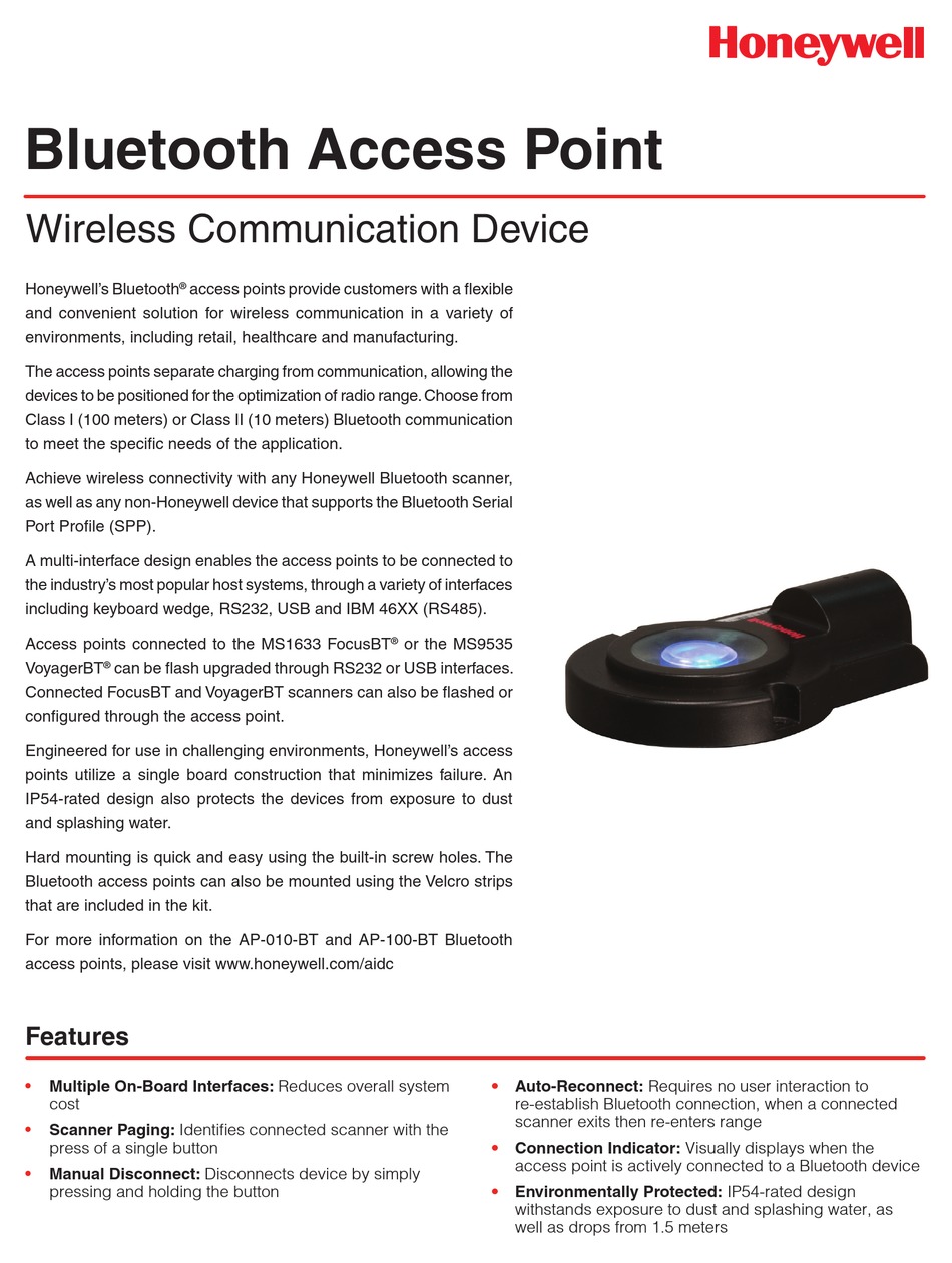 HONEYWELL BLUETOOTH ACCESS POINT SPECIFICATIONS Pdf Download 