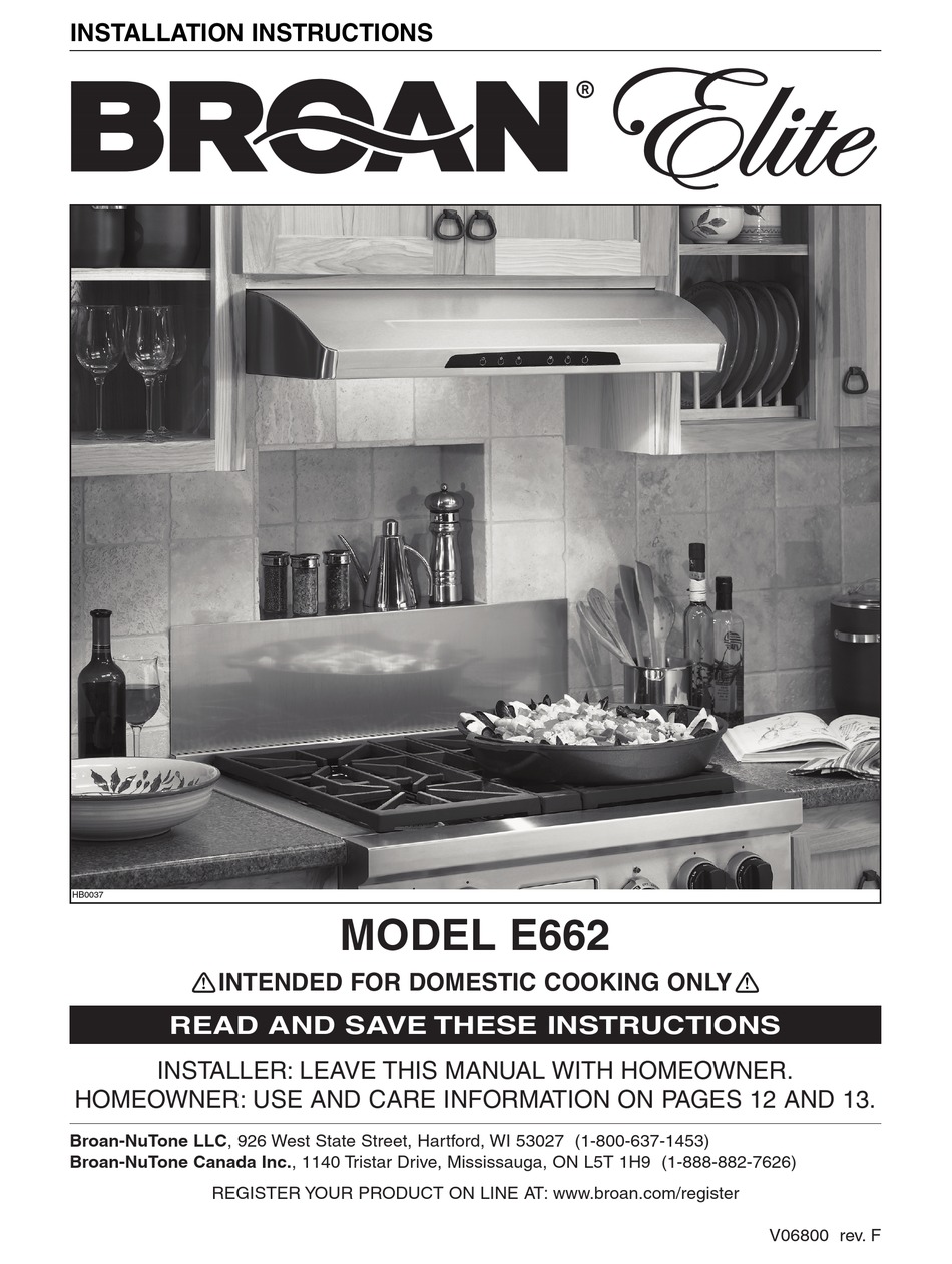 BROAN ELITE E662 INSTALLATION INSTRUCTIONS MANUAL Pdf Download ManualsLib