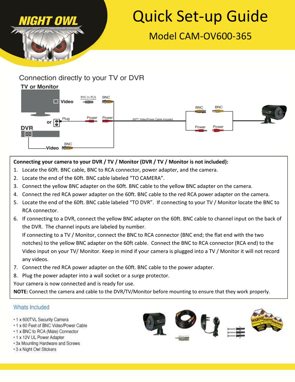 NIGHT OWL CAM-OV600-365 QUICK SETUP MANUAL Pdf Download | ManualsLib