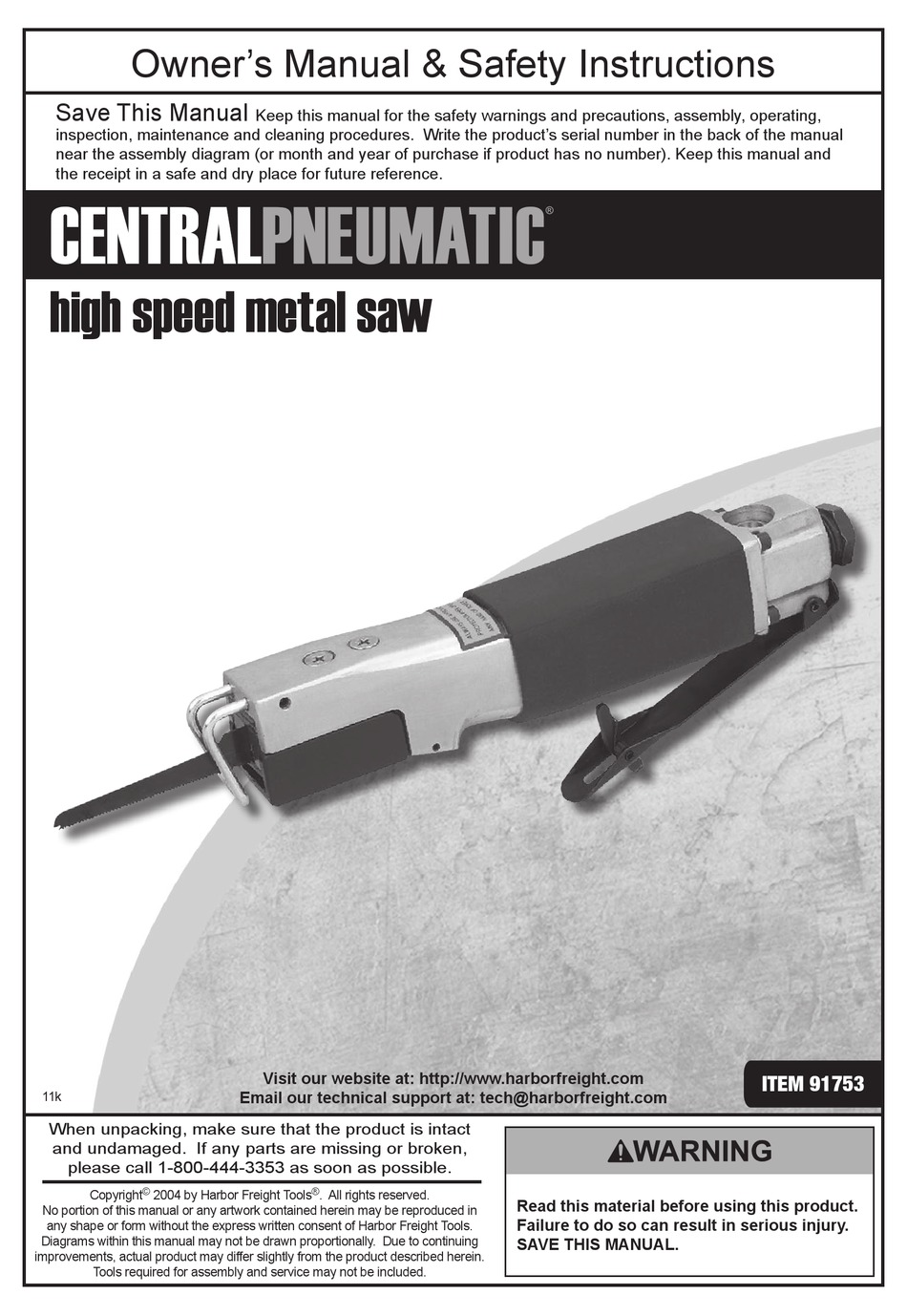 CENTRALPNEUMATIC 91753 OWNER