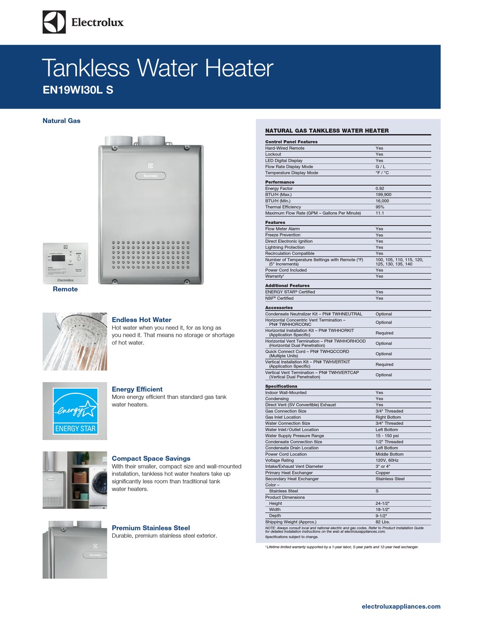 ELECTROLUX EN19WI30L S DIMENSIONS AND SPECIFICATIONS Pdf Download