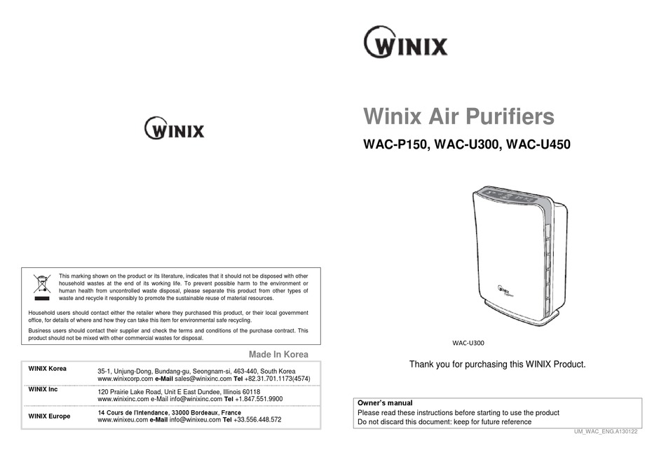 WINIX WAC-P150 OWNER'S MANUAL Pdf Download | ManualsLib