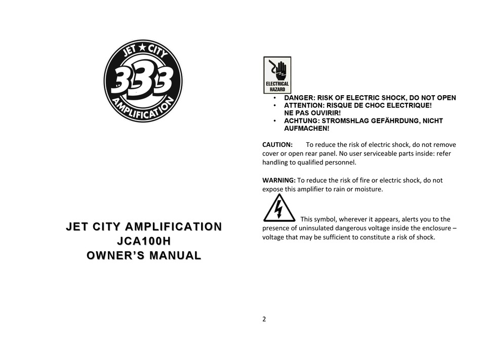 JET CITY JCA100H OWNER'S MANUAL Pdf Download ManualsLib