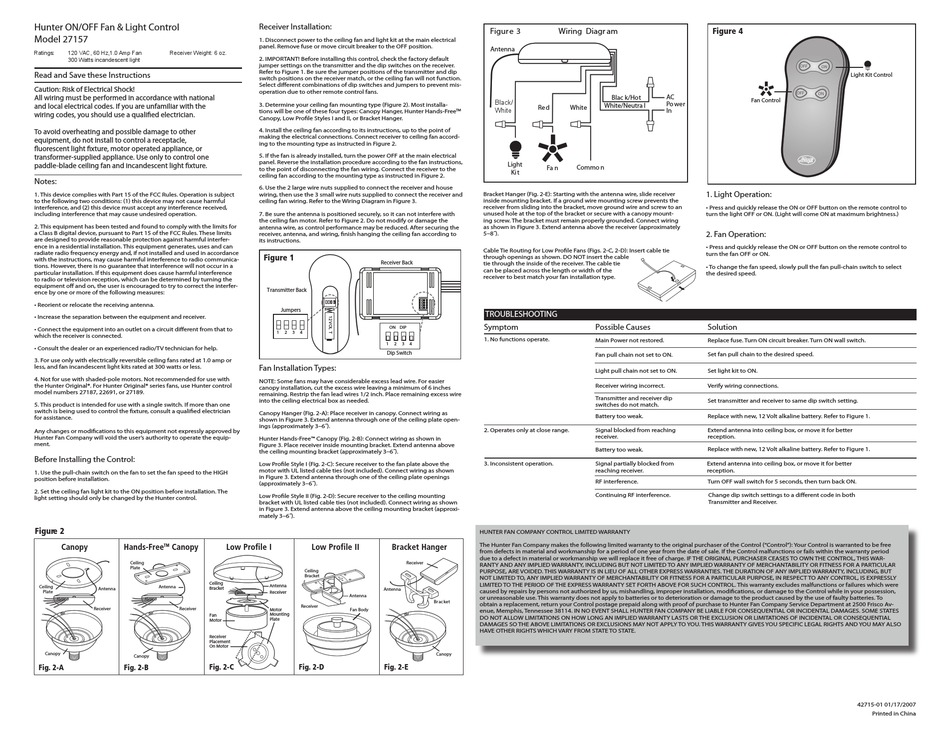 Hunter 27157 Instruction Manual Pdf, Hunter Ceiling Fan Remote Instructions