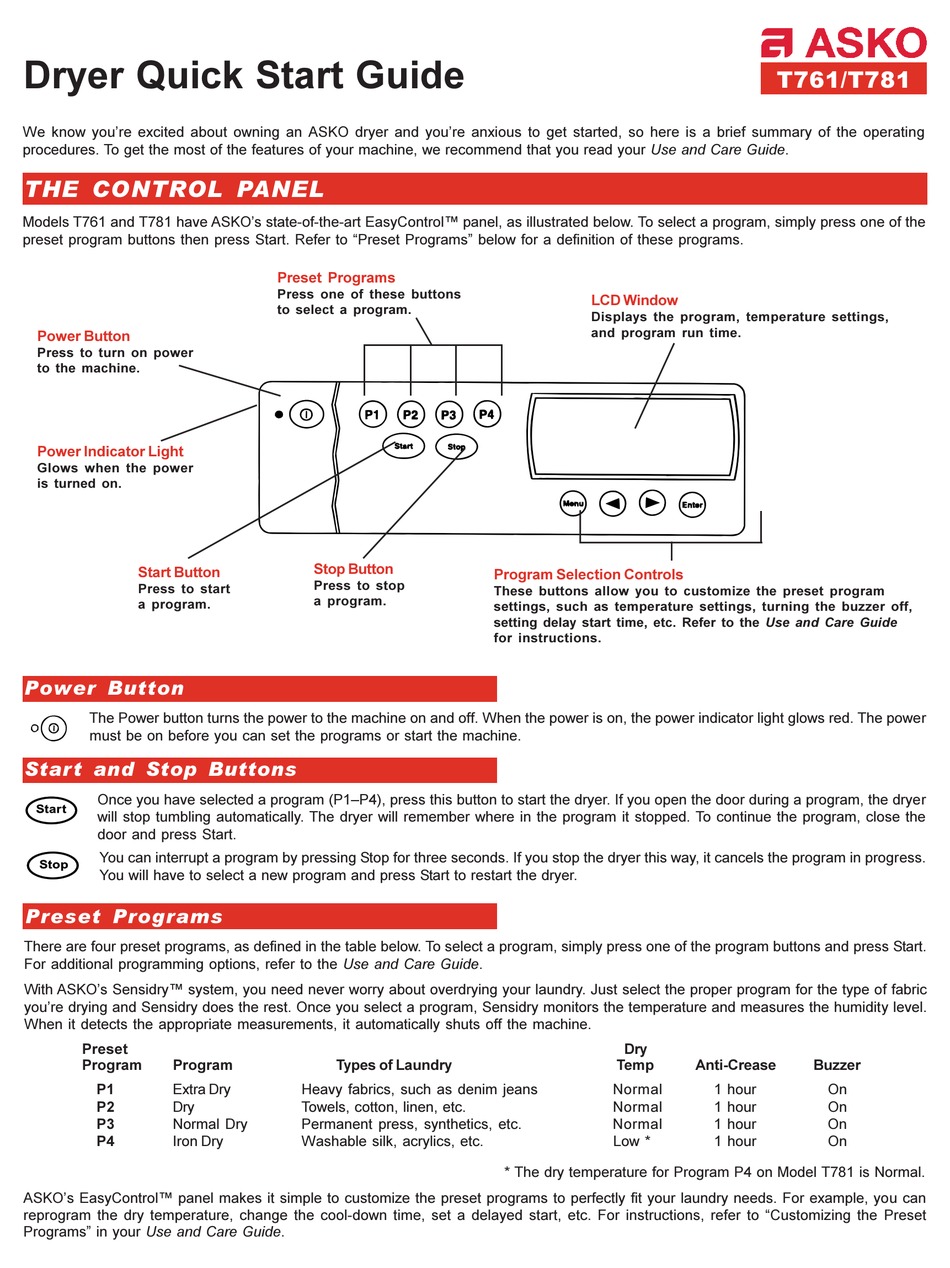 ASKO T761 QUICK START MANUAL Pdf Download | ManualsLib
