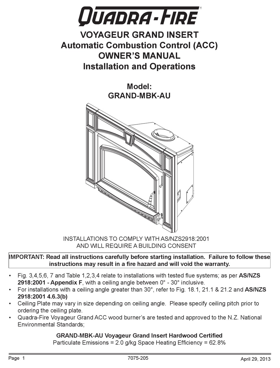 QUADRA-FIRE VOYAGEUR GRAND INSERT GRAND-MBK-AU OWNER'S MANUAL Pdf Download  | ManualsLib
