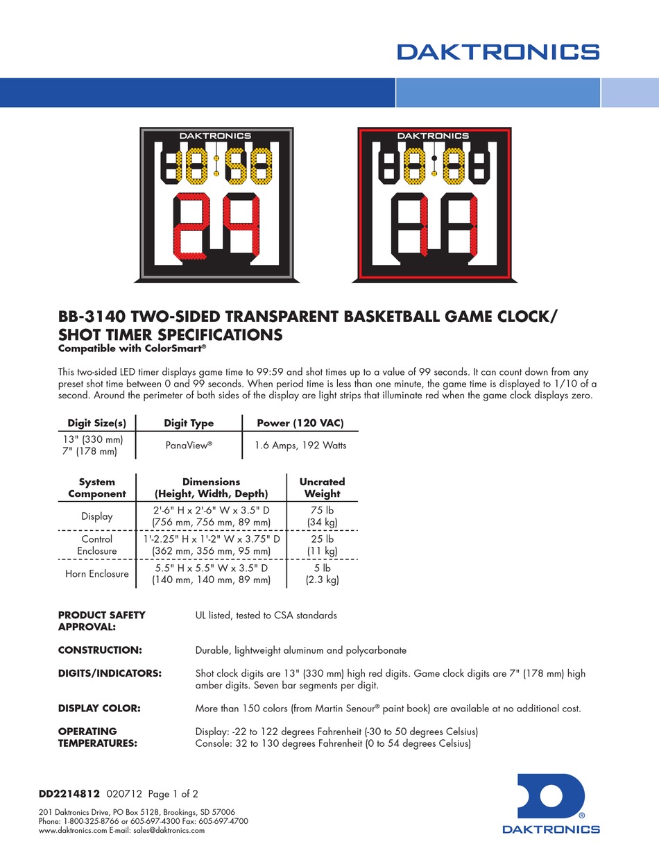 DAKTRONICS BB3140 SPECIFICATIONS Pdf Download ManualsLib