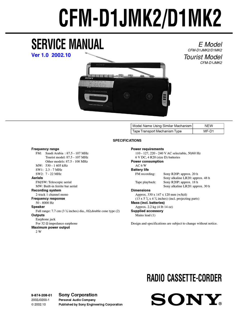 Sony Cfm D1jmk2 Service Manual Pdf Download Manualslib