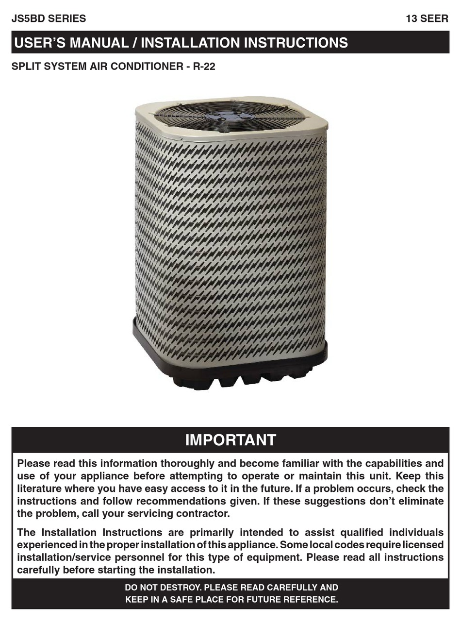 NORDYNE JS5BD SERIES USER'S MANUAL & INSTALLATION INSTRUCTIONS Pdf