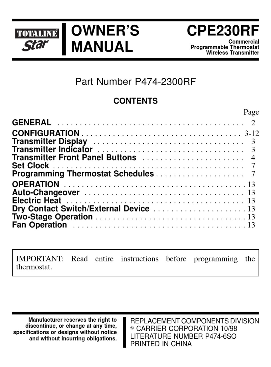 TOTALINE CPE230RF OWNER'S MANUAL Pdf Download | ManualsLib