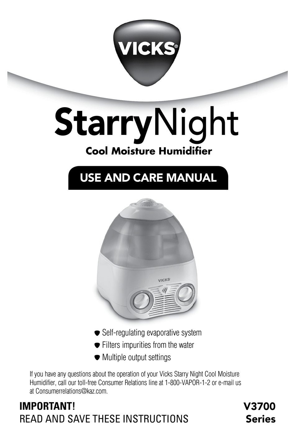 VICKS STARRYNIGHT V3700 SERIES USE AND CARE MANUAL Pdf Download