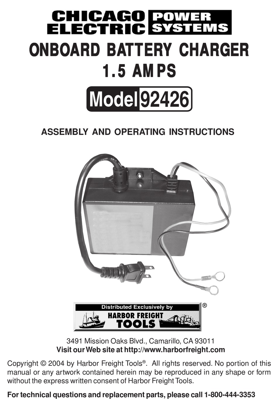 CHICAGO ELECTRIC 92426 ASSEMBLY AND OPERATING INSTRUCTIONS MANUAL Pdf