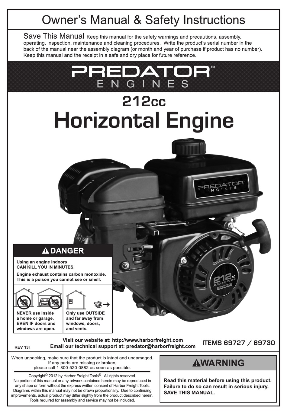 PREDATOR ENGINES 212CC OWNER'S MANUAL & SAFETY INSTRUCTIONS Pdf