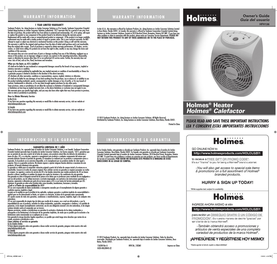HOLMES HFH136 OWNER'S MANUAL Pdf Download | ManualsLib