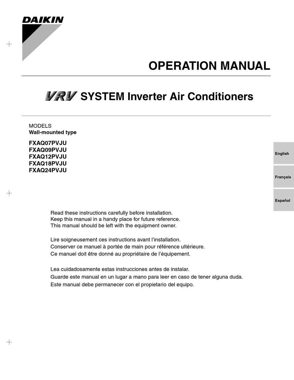 DAIKIN FXAQ07PVJU OPERATION MANUAL Pdf Download | ManualsLib