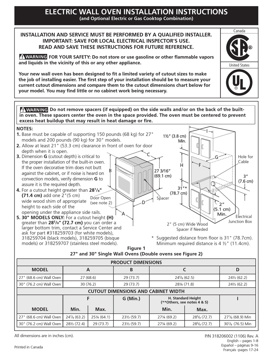 FRIGIDAIRE ELECTRIC WALL OVEN INSTALLATION INSTRUCTIONS MANUAL Pdf ...