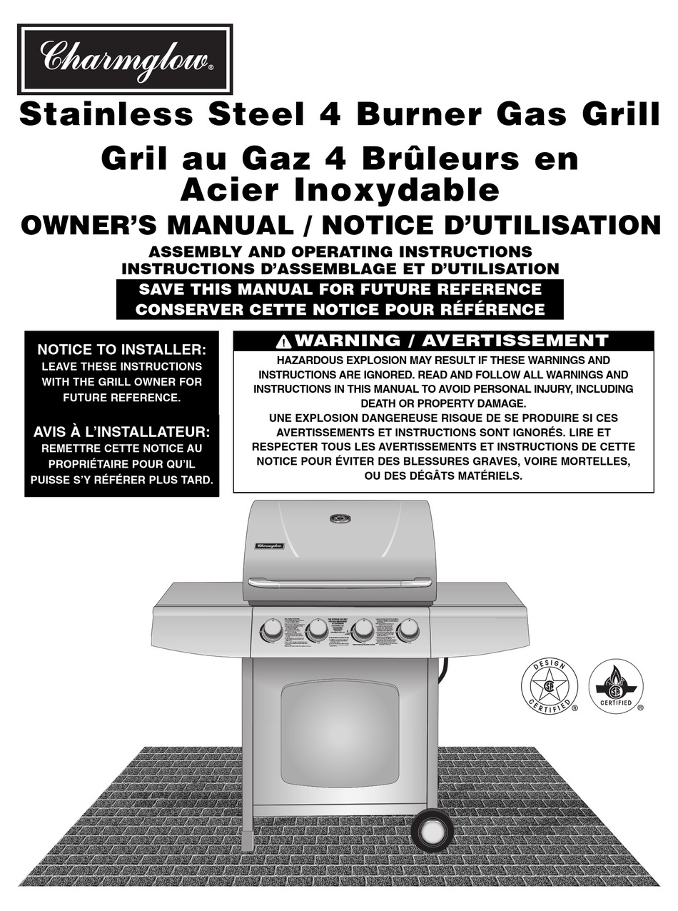 CHARMGLOW STAINLESS STEEL 4 BURNER GAS GRILL OWNER S MANUAL Pdf