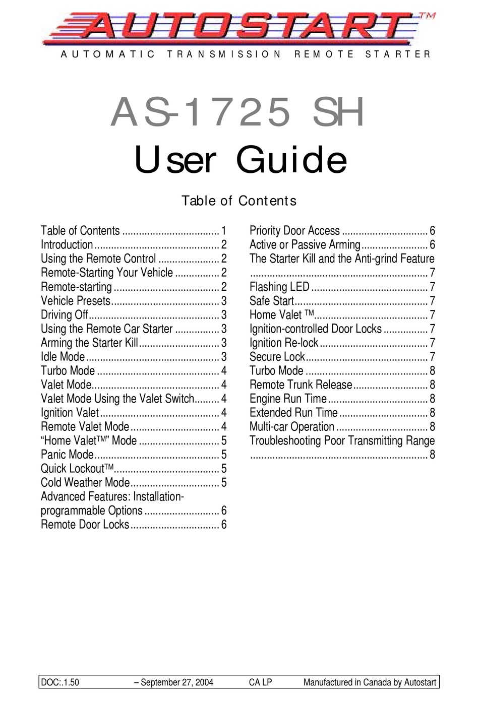 AUTOSTART AS-1725 SH USER MANUAL Pdf Download | ManualsLib