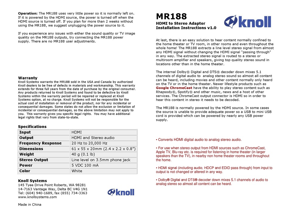 KNOLL MR188 INSTALLATION INSTRUCTIONS Pdf Download ManualsLib