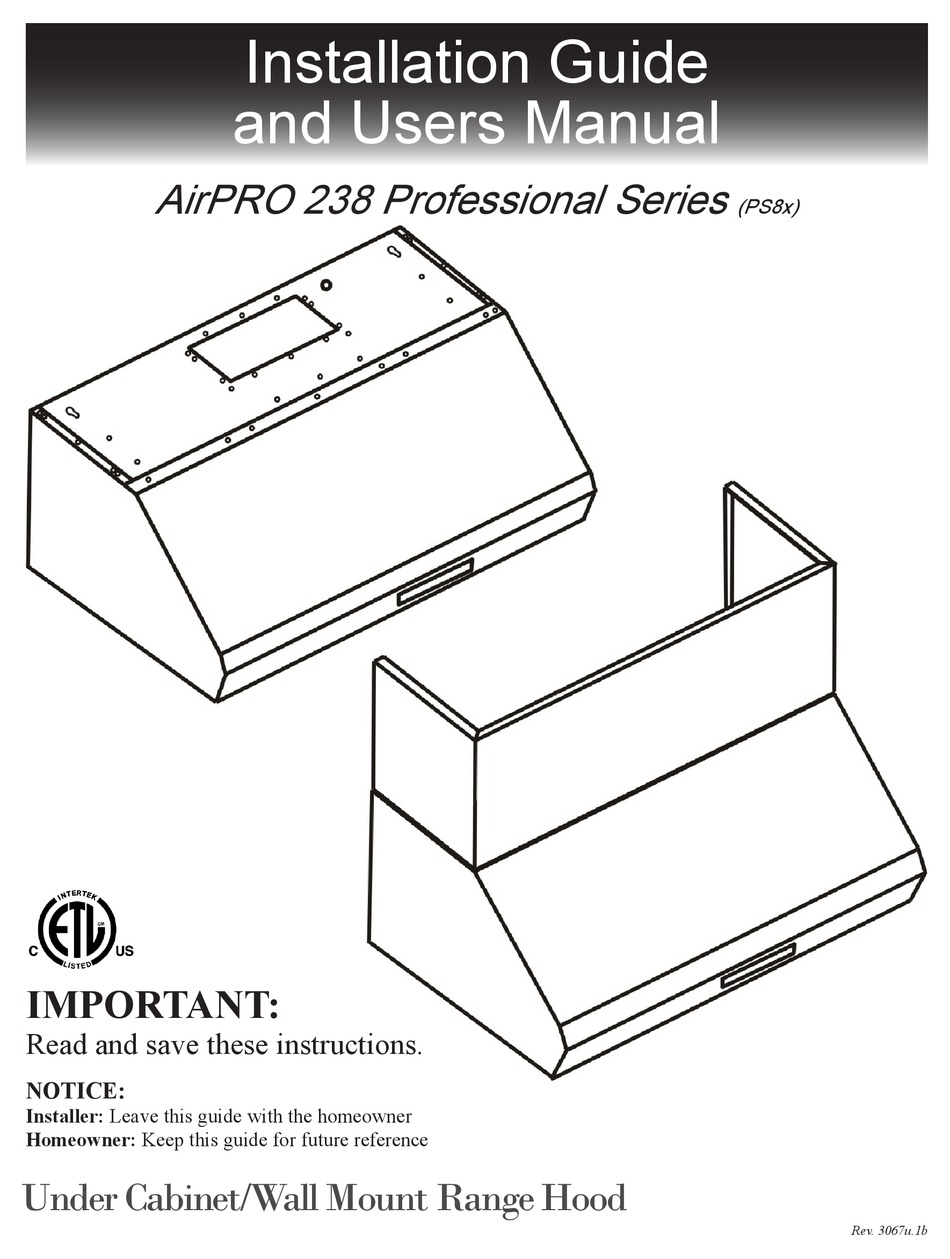 CAVALIERE AIRPRO 238 PROFESSIONAL SERIES INSTALLATION MANUAL AND USER'S