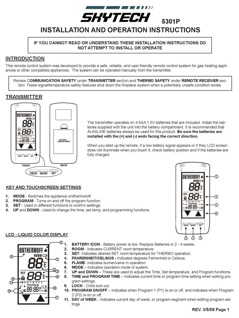 SKYTECH 5301P INSTALLATION AND OPERATION INSTRUCTIONS MANUAL Pdf