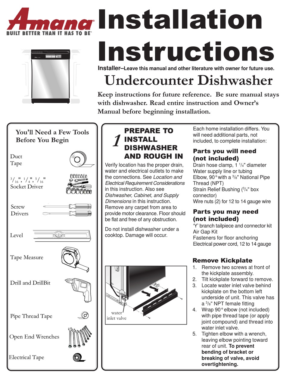 AMANA UNDERCOUNTER DISHWASHER INSTALLATION INSTRUCTIONS MANUAL Pdf