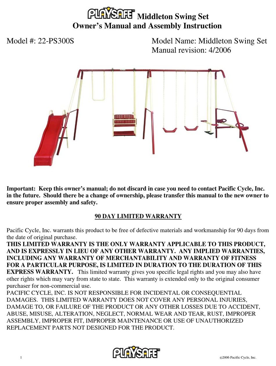 PLAYSAFE MIDDLETON SWING SET OWNER'S MANUAL AND ASSEMBLY INSTRUCTION ...