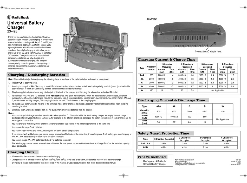 radio shack battery charger 23-2027 user manual