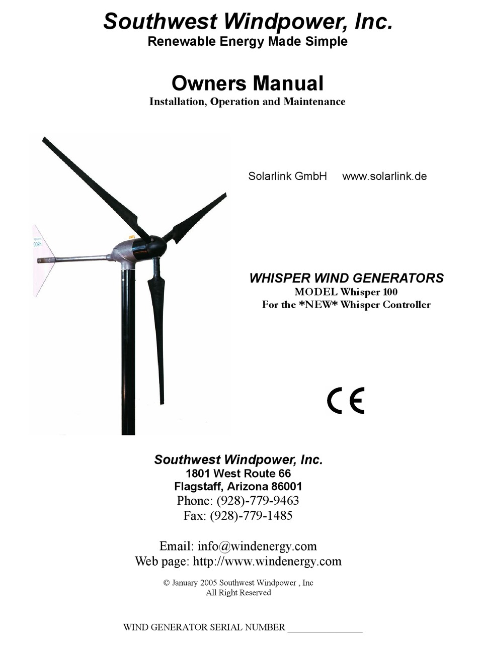Southwest Windpower 900 Watt Whisper 100 Wind Generator 12, 24, 36 or 48  VDC w/o